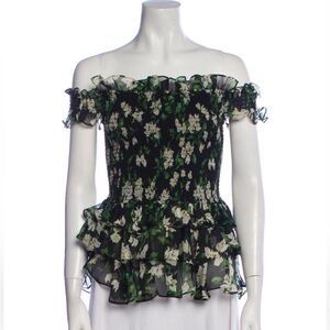 Caroline Constas Black Floral Off-Shoulder Ruffle Peplum Top
